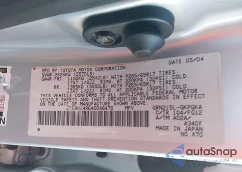 2004 Toyota 4Runner Sr5 V6 z USA, uszkodzony, nr VIN JTEBU14R640046476